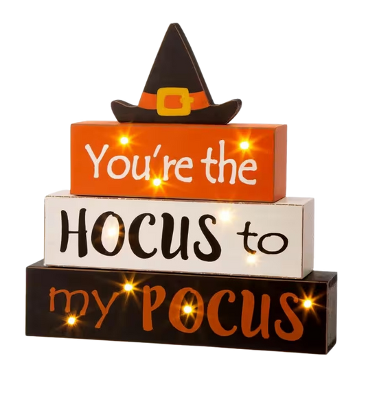 11.54 In. H Halloween Wooden Lighted Witch/Word Block Table Decor