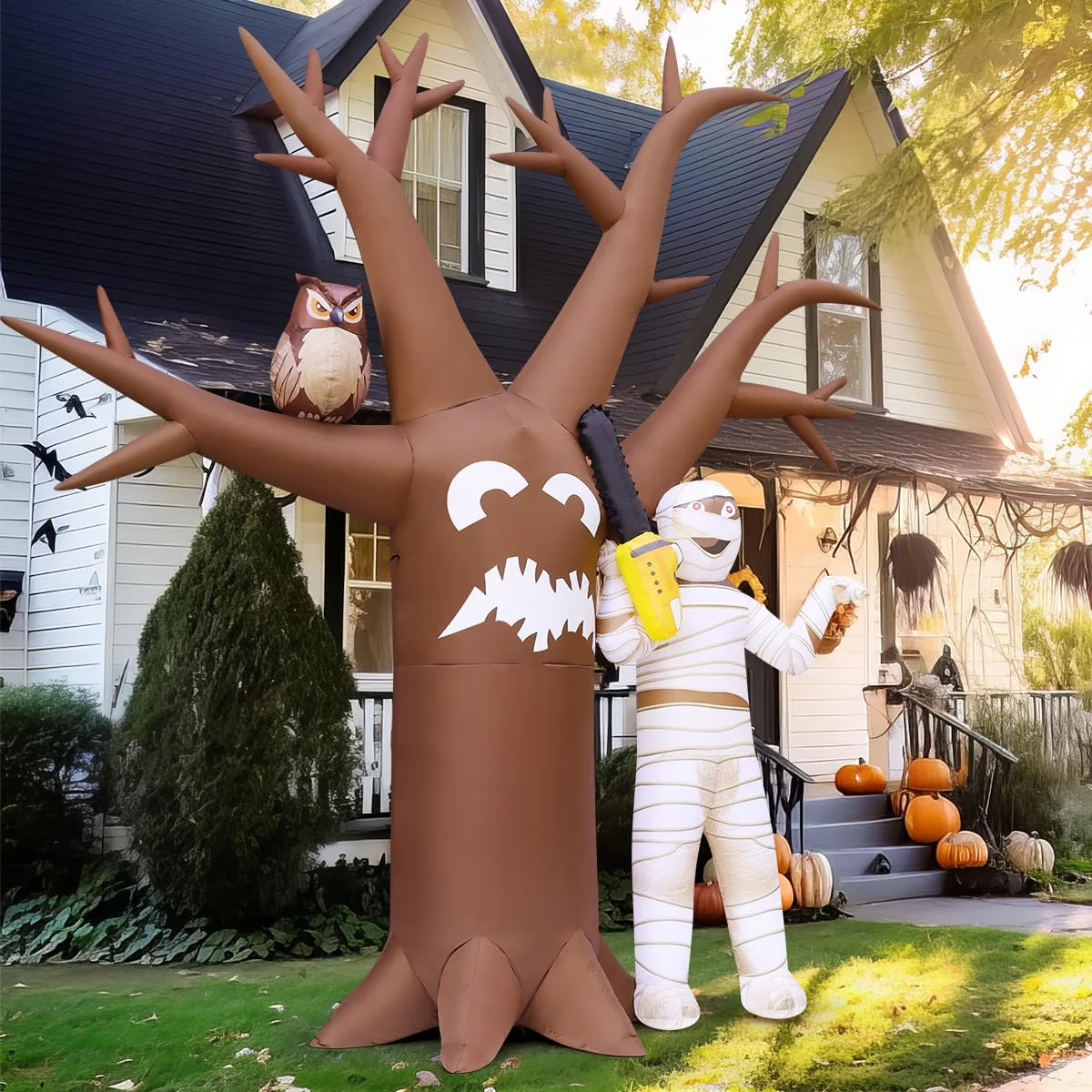 Inflatable Tree, Owl, and Mummy