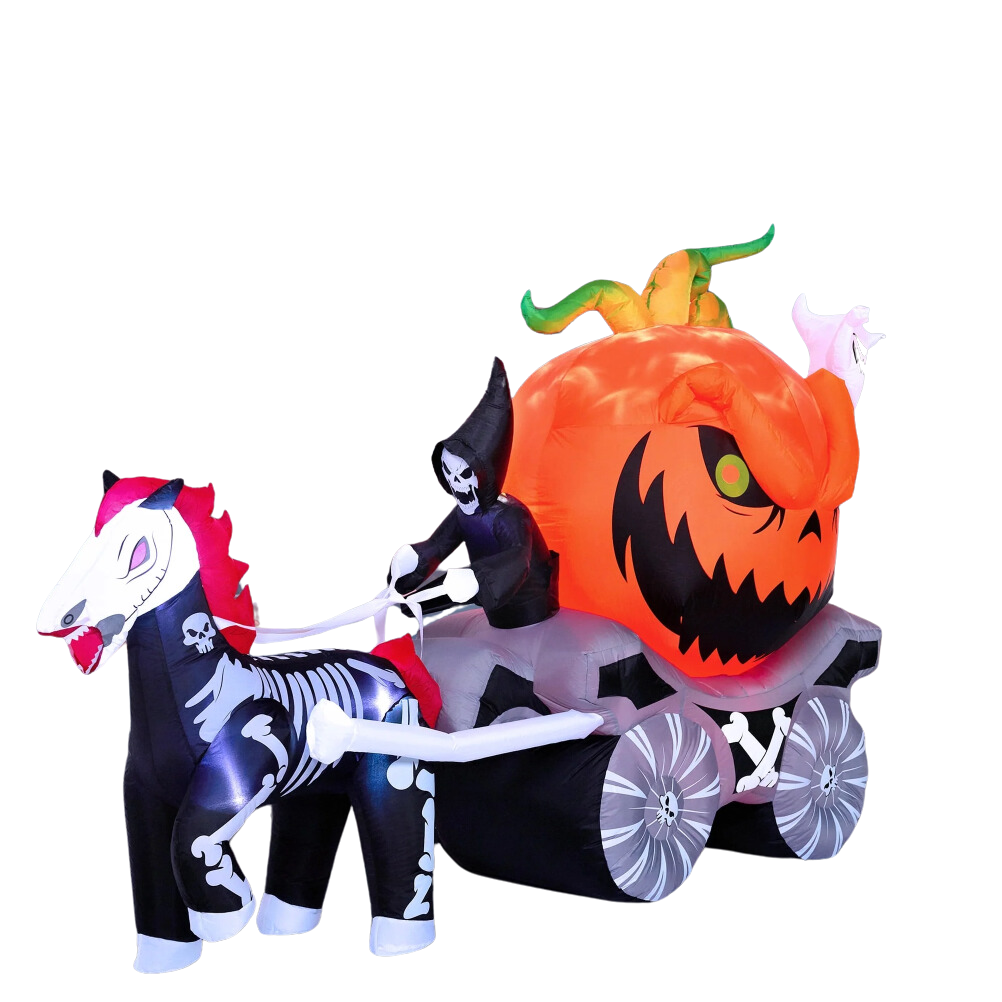 Inflatable Grim Reaper Driving Pumpkin Carriage with LED Flames