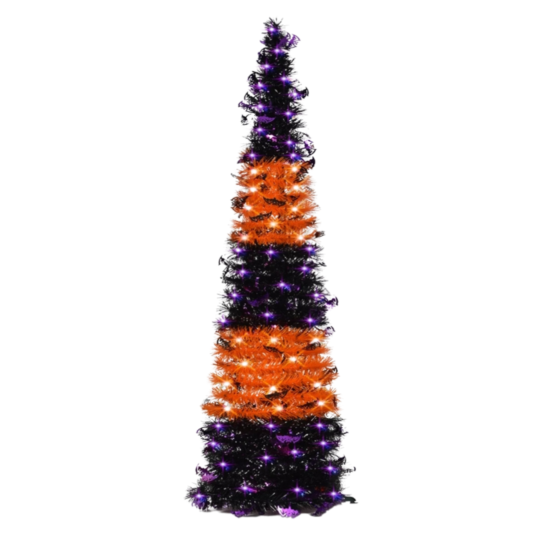 Black & Orange Halloween Christmas Tree with 50 LED Purple Lights 