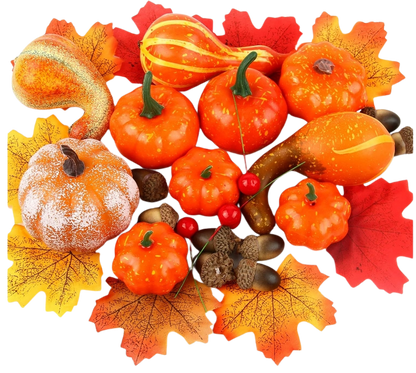 Mini Faux Foam Pumpkins with Lifelike Maple Leaves Acorns and Red Berries