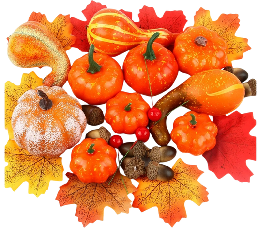 Mini Faux Foam Pumpkins with Lifelike Maple Leaves Acorns and Red Berries