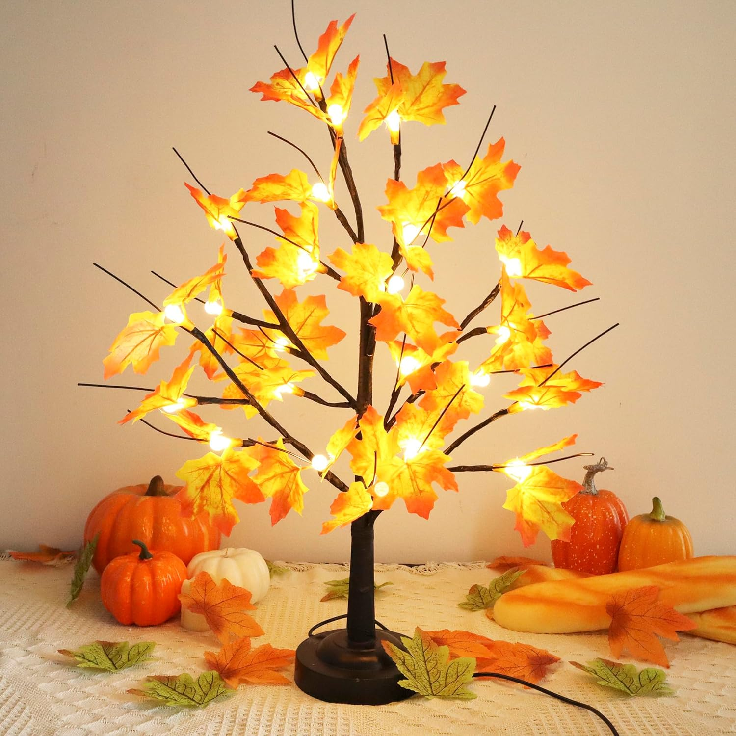 Lighted Maple Tree 24 LED Tabletop Maple Tree Light 8 Modes USB & Battery Operated Artificial Tree Lamp with Maple Leaves for Thanksgiving Fall Home Decoration (Warm White)