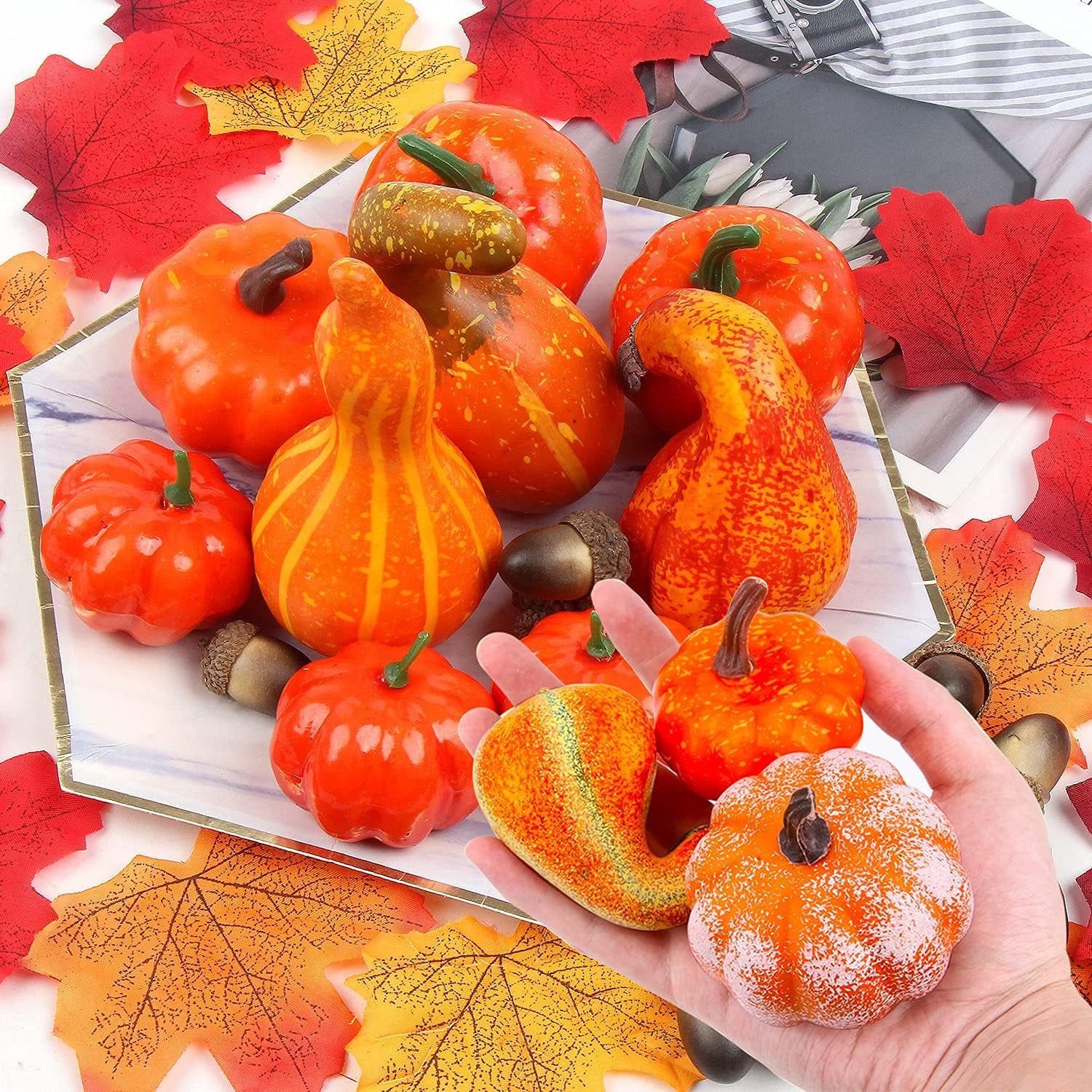 Mini Faux Foam Pumpkins with Lifelike Maple Leaves Acorns and Red Berries