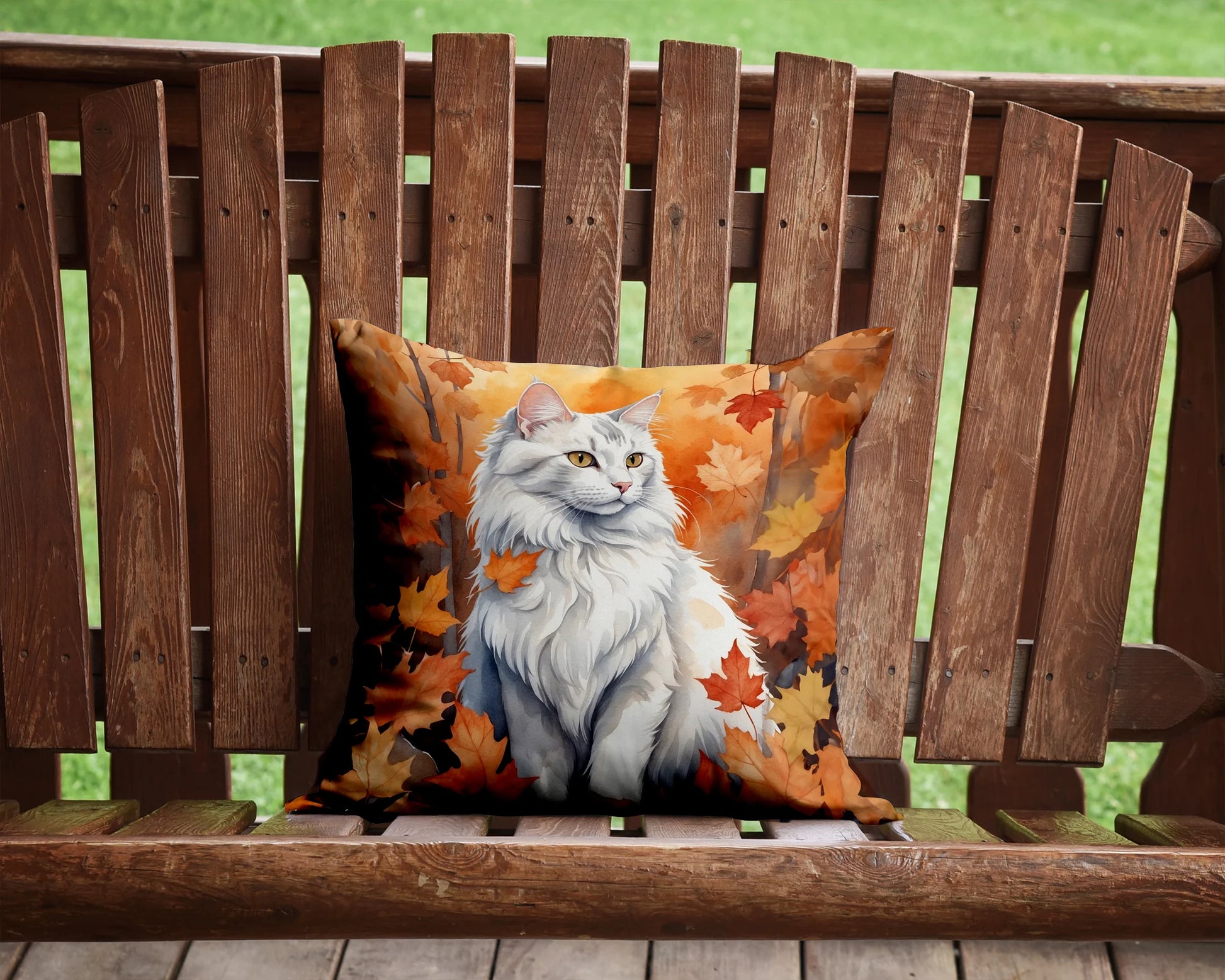 Turkish Angora Cat in Fall Leaves Throw Pillow