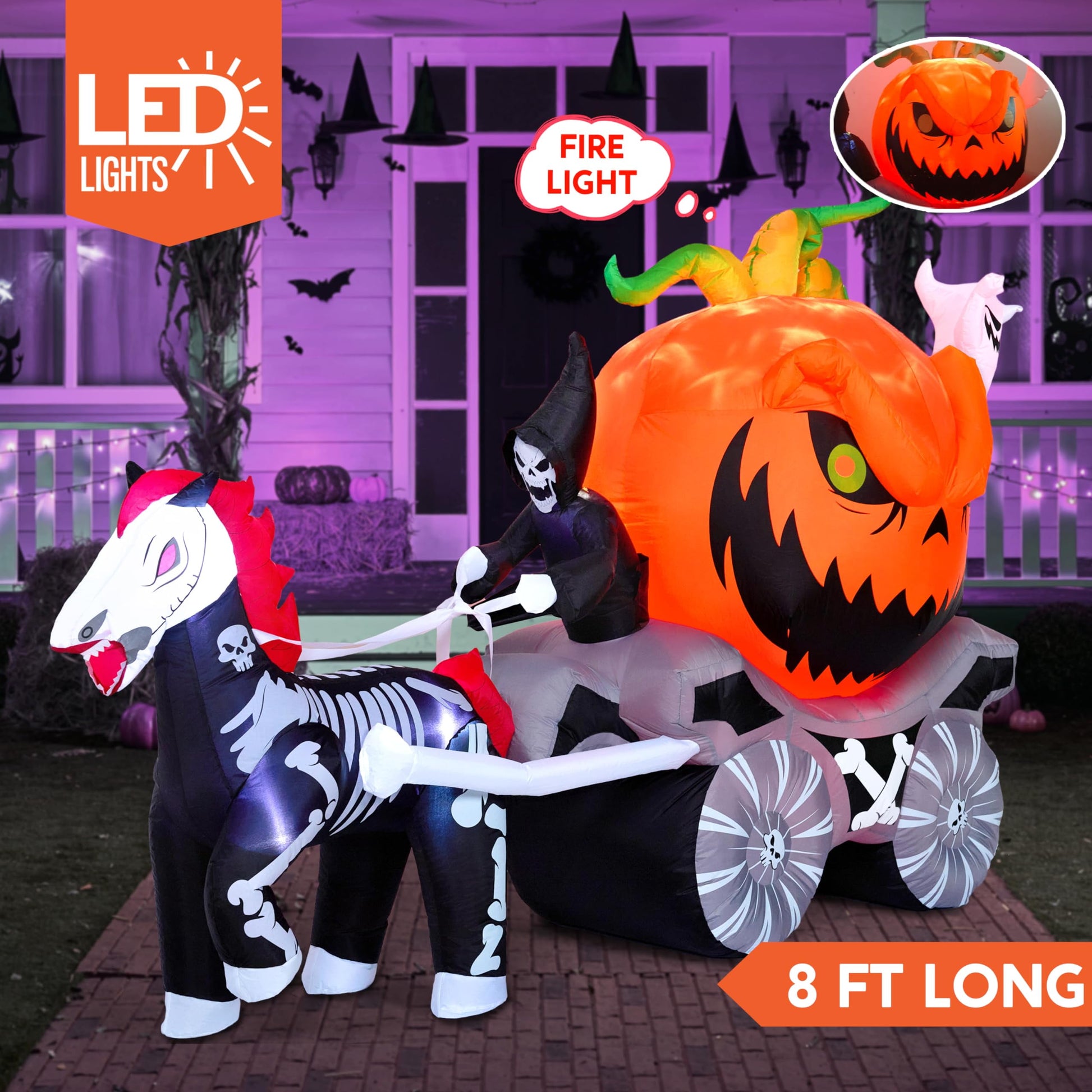 Inflatable Grim Reaper Driving Pumpkin Carriage with LED Flames