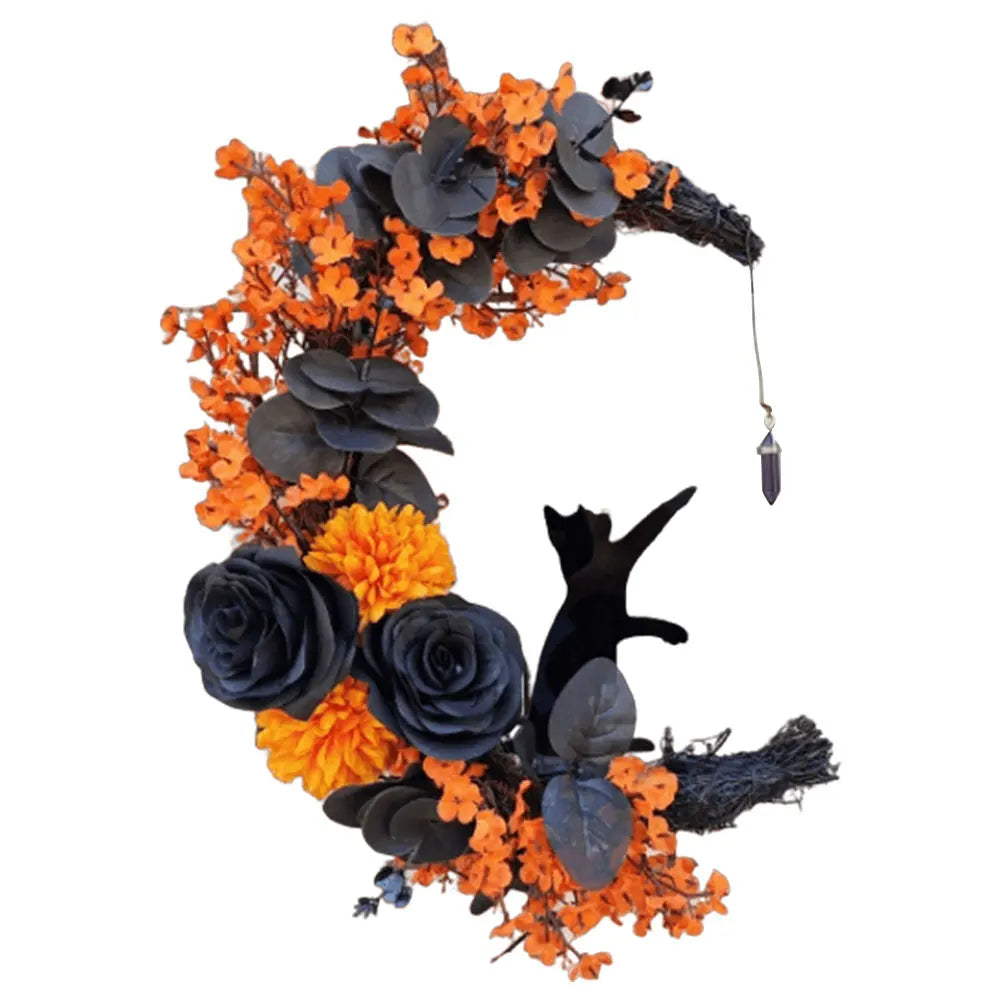 Halloween Moon Wreath with Black Cat