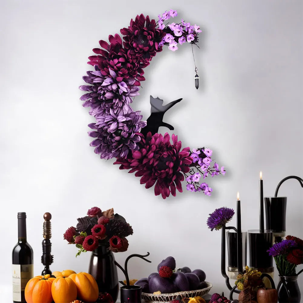 Halloween Moon Wreath with Black Cat