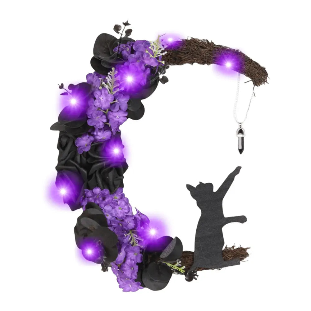 Halloween Moon Wreath with Black Cat