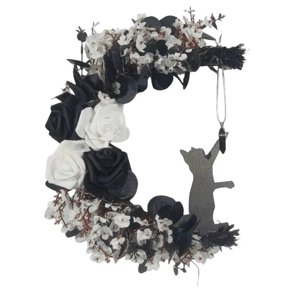 Halloween Moon Wreath with Black Cat