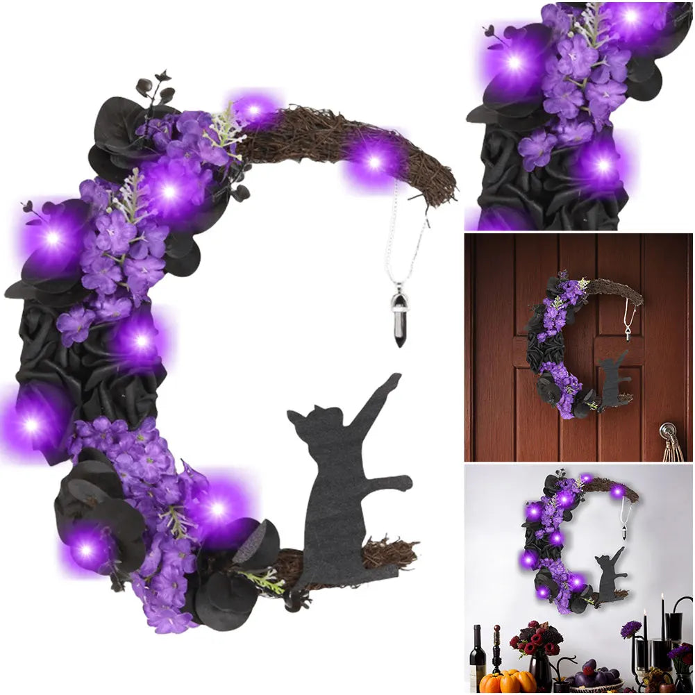 Halloween Moon Wreath with Black Cat