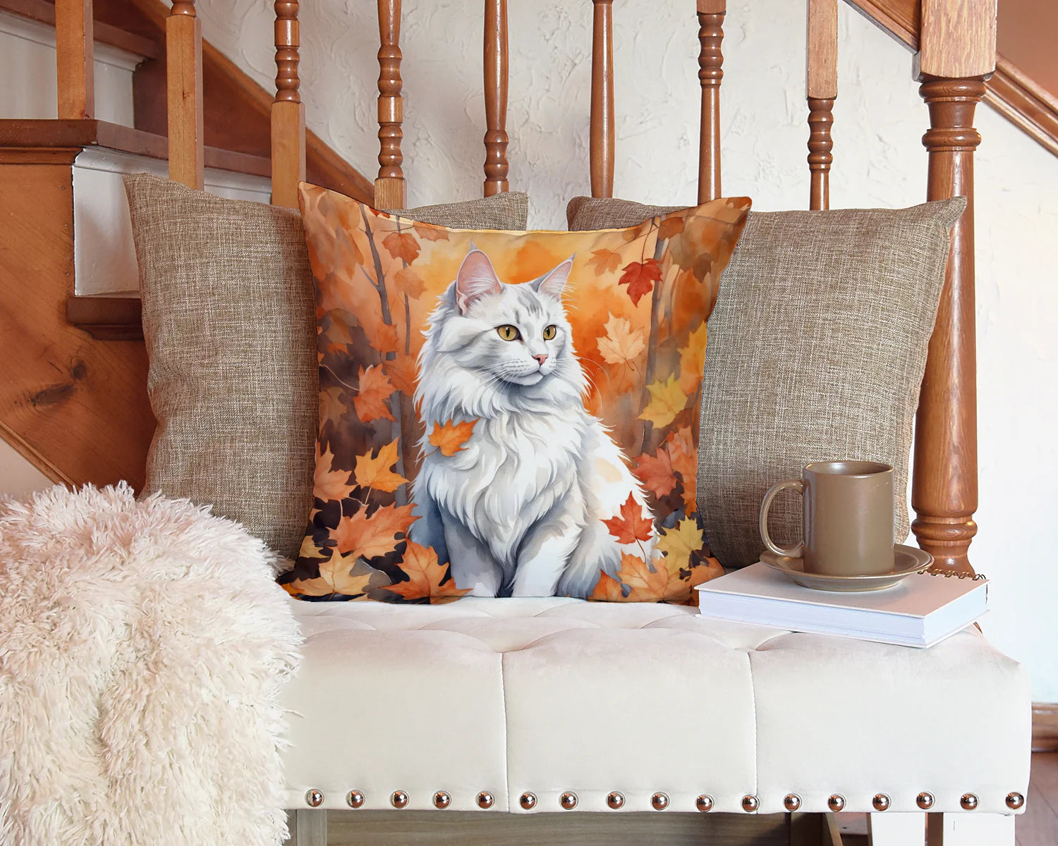 Turkish Angora Cat in Fall Leaves Throw Pillow