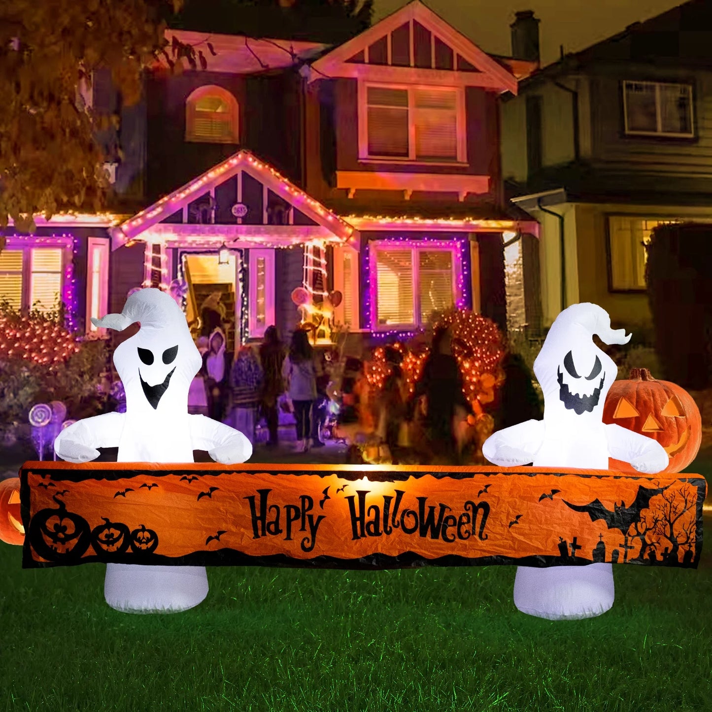 8 Ft Long Halloween Inflatable White Ghosts with Lighted “Happy Halloween” Blow up Decoration