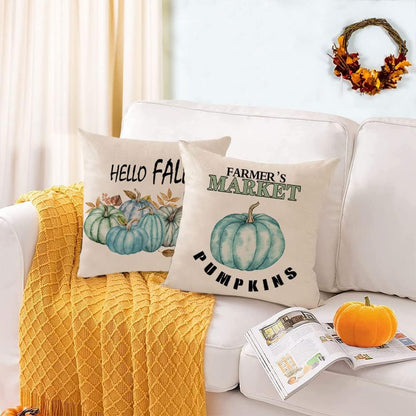 Set of 4 Fall Pillow Covers 18X18 Inch Thanksgiving Throw Pillows Covers Autumn Blue Pumpkins Decorative Cushion Covers 