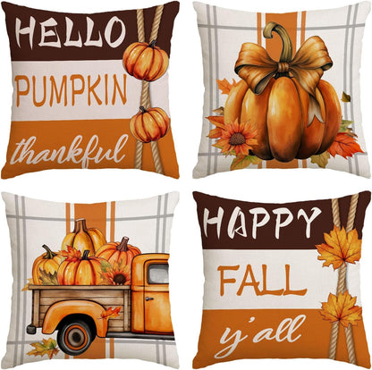 Set of 4 Fall Pillow Covers 18X18 Inch Thanksgiving Throw Pillows Covers Autumn Blue Pumpkins Decorative Cushion Covers 