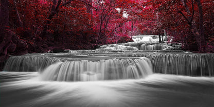 Wall Art Décor of Wide Waterfall and Red Leaves and Maple Leaves Canvas 