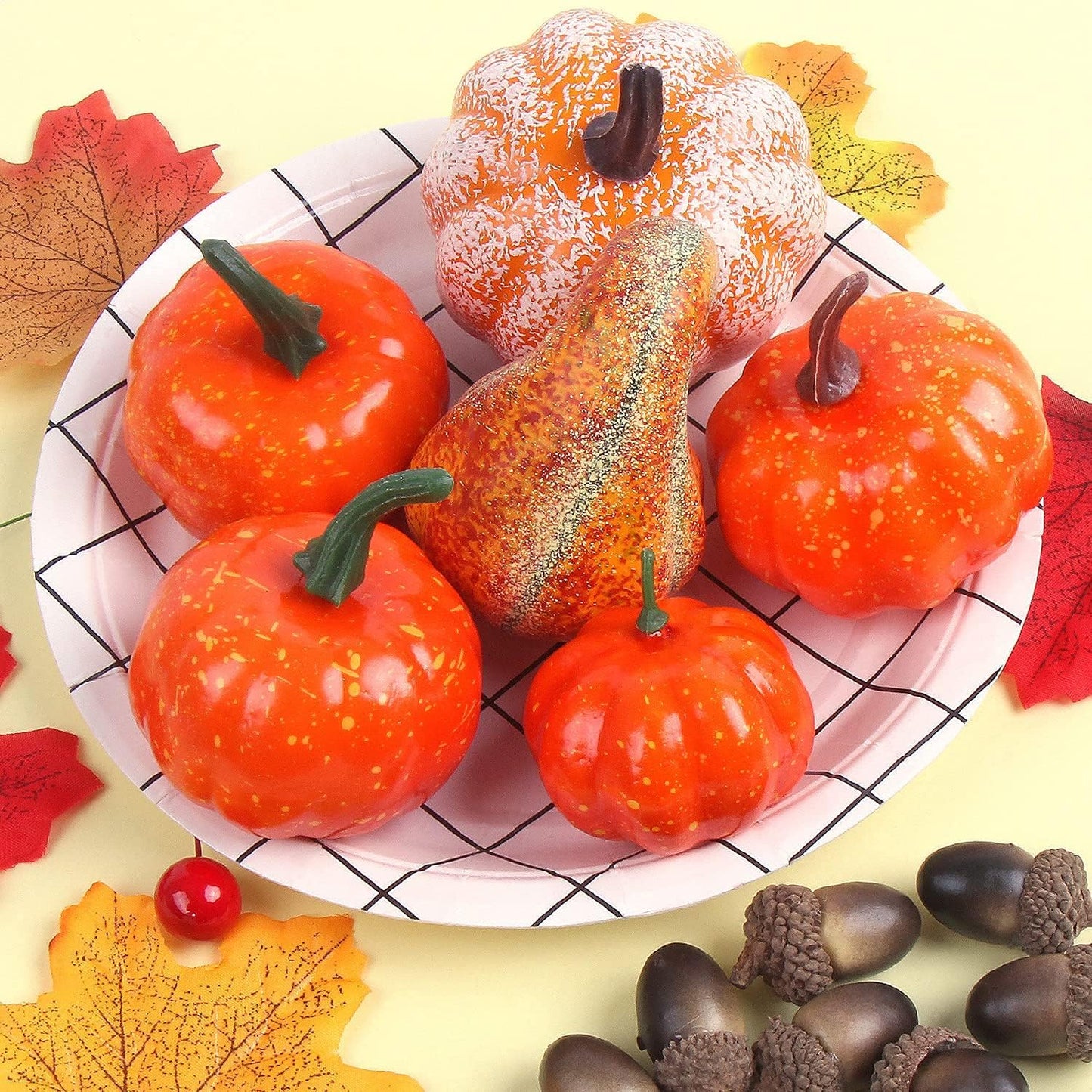 Mini Faux Foam Pumpkins with Lifelike Maple Leaves Acorns and Red Berries