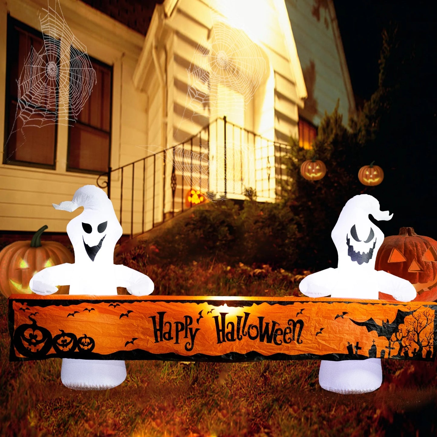 8 Ft Long Halloween Inflatable White Ghosts with Lighted “Happy Halloween” Blow up Decoration