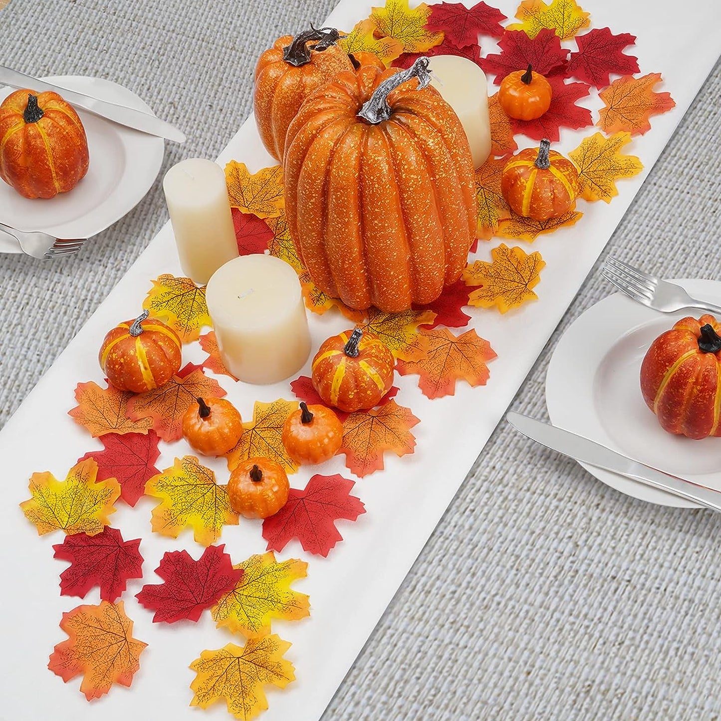 12PCS Artificial Foam Pumpkins with 50PCS Fake Maple Leaves 