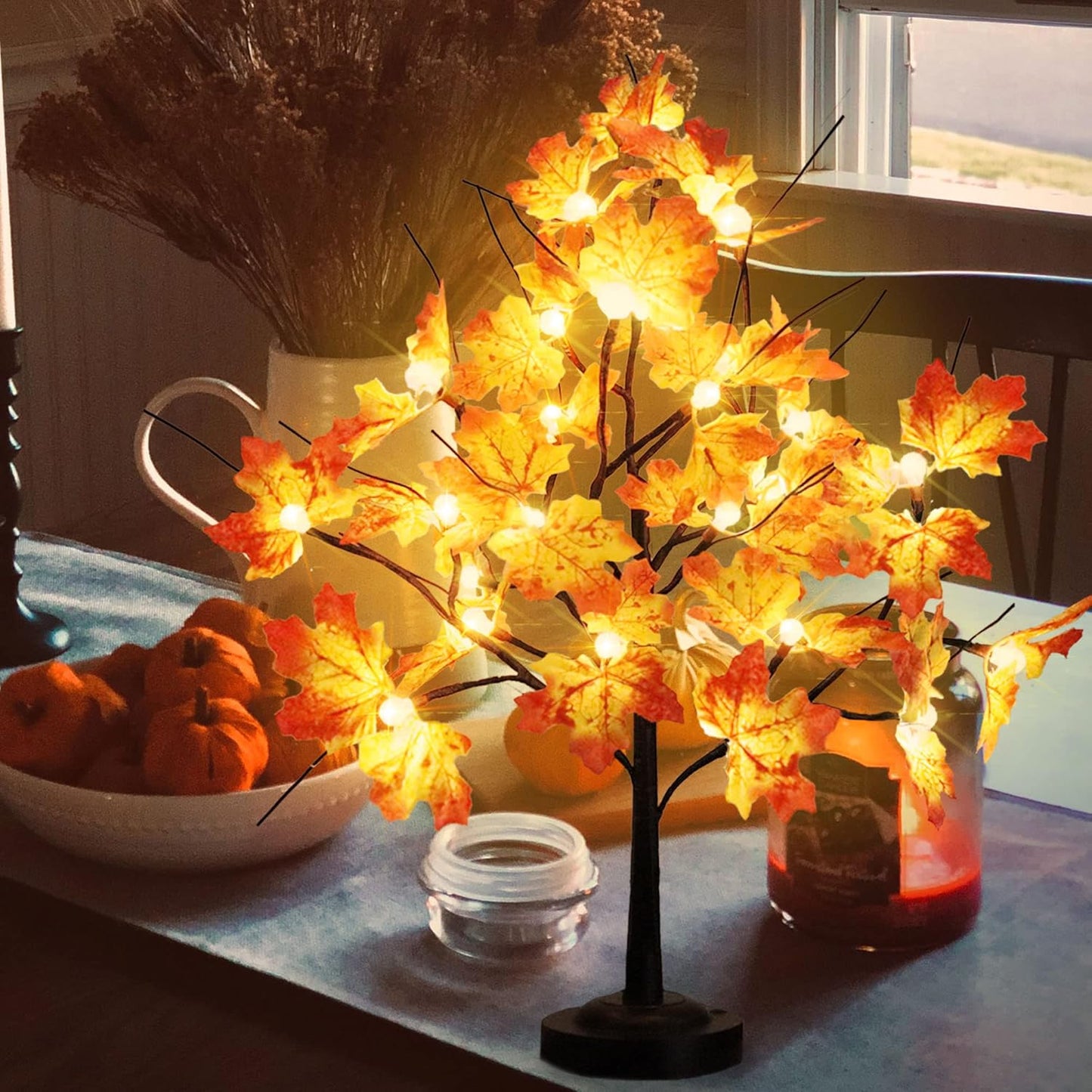 Lighted Maple Tree 24 LED Tabletop Maple Tree Light 8 Modes USB & Battery Operated Artificial Tree Lamp with Maple Leaves for Thanksgiving Fall Home Decoration (Warm White)