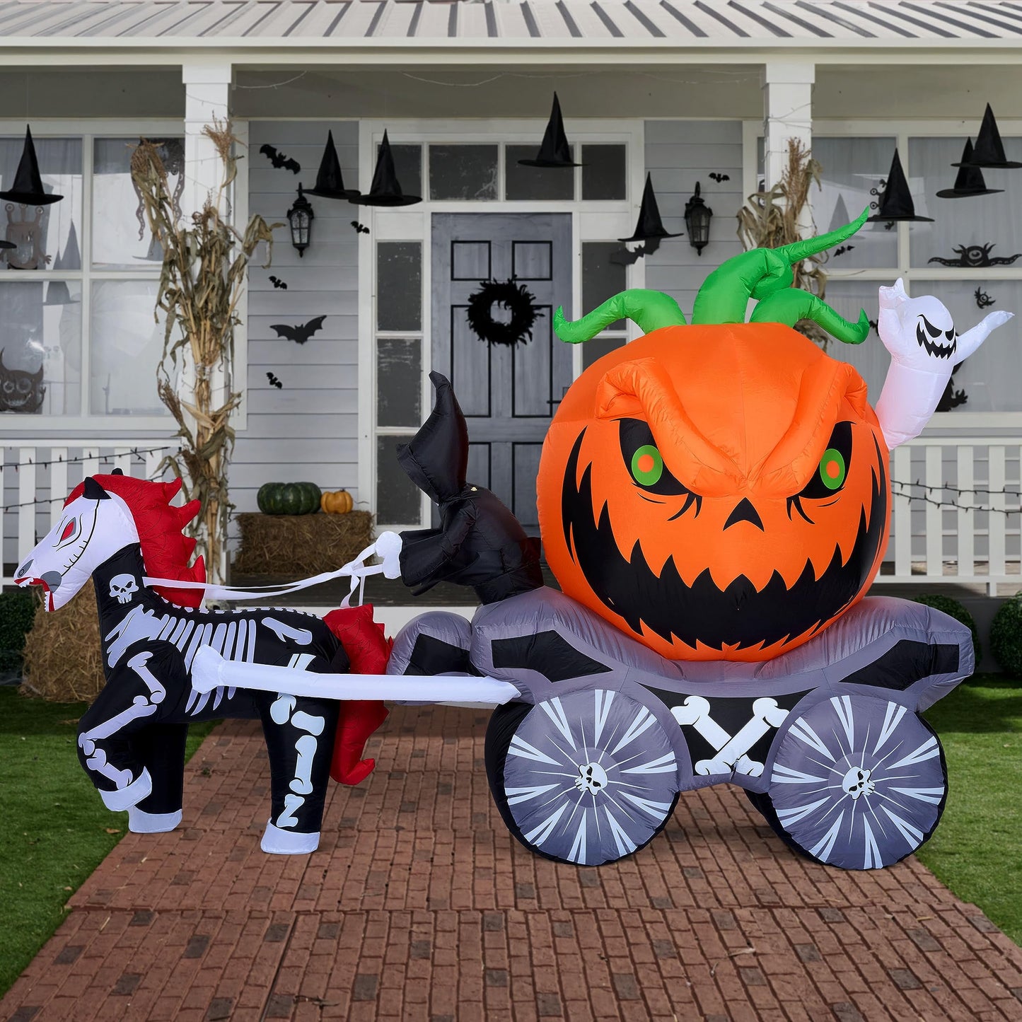 Inflatable Grim Reaper Driving Pumpkin Carriage with LED Flames