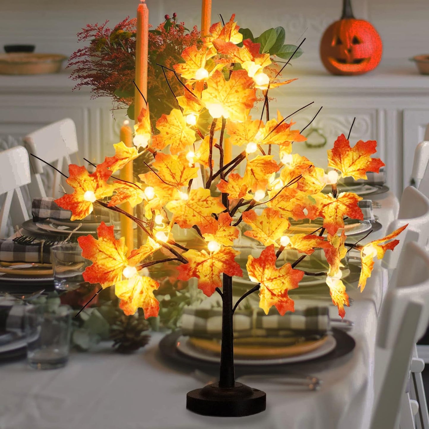 Lighted Maple Tree 24 LED Tabletop Maple Tree Light 8 Modes USB & Battery Operated Artificial Tree Lamp with Maple Leaves for Thanksgiving Fall Home Decoration (Warm White)