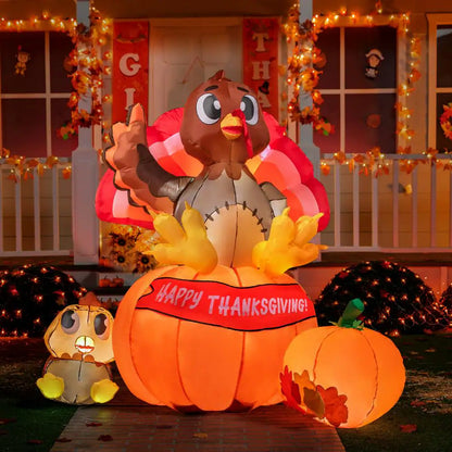 LED Inflatable Turkey on Pumpkin with Little Turkey