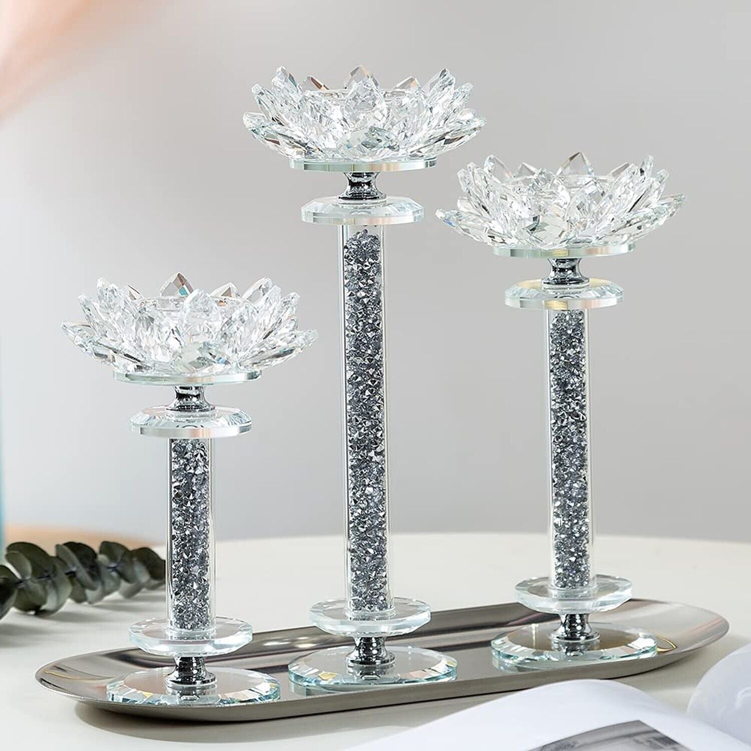 Crystal Candlestick Holders Set of 3 Clear Glass