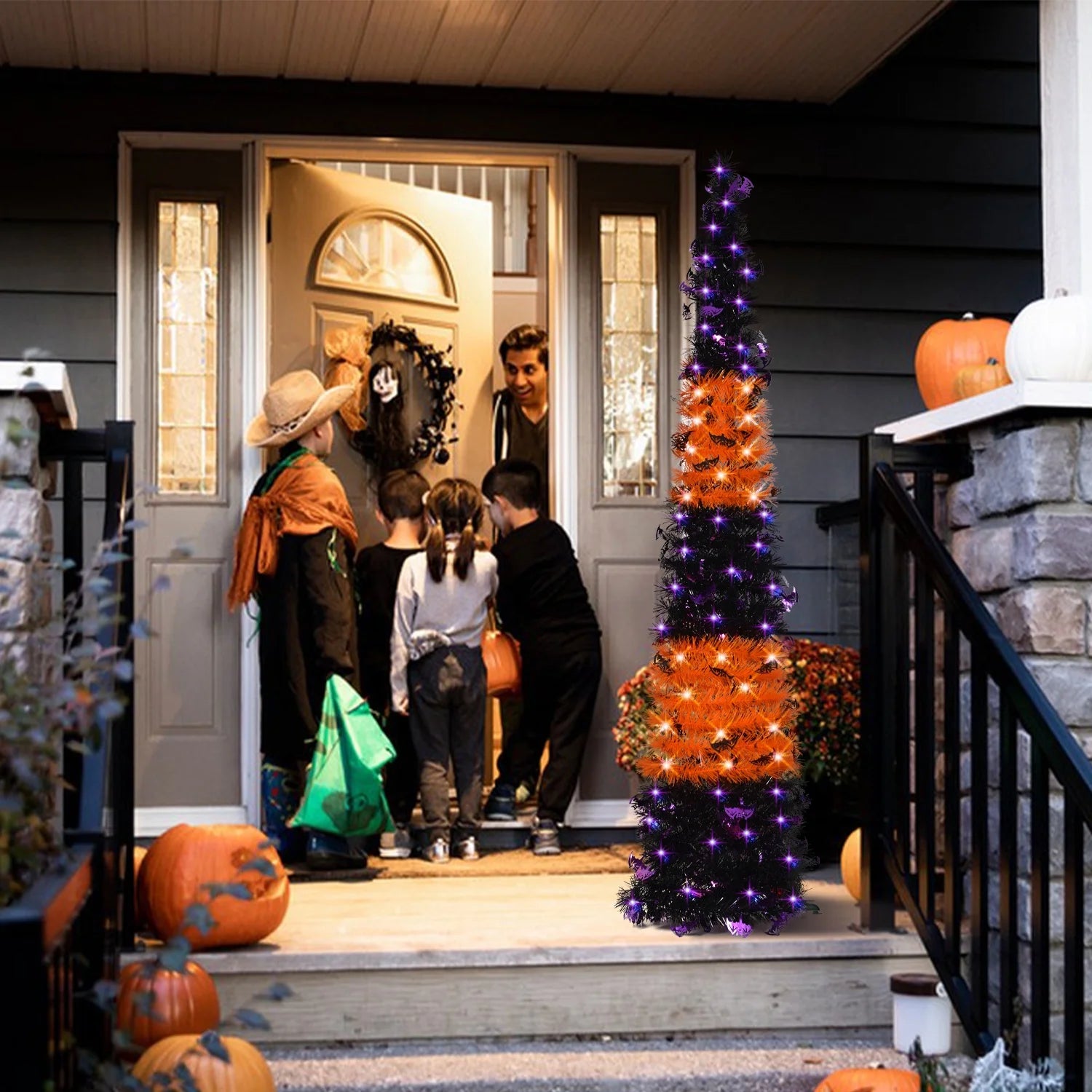 Black & Orange Halloween Christmas Tree with 50 LED Purple Lights 