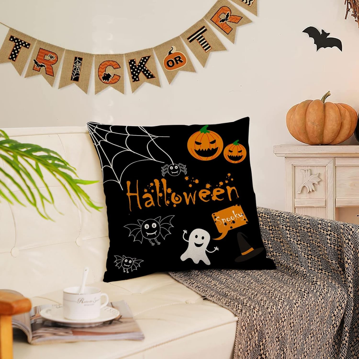 Halloween Decor Pillow Covers 16X16 Set of 4 Halloween Fall Black Decorative Throw Pillows 