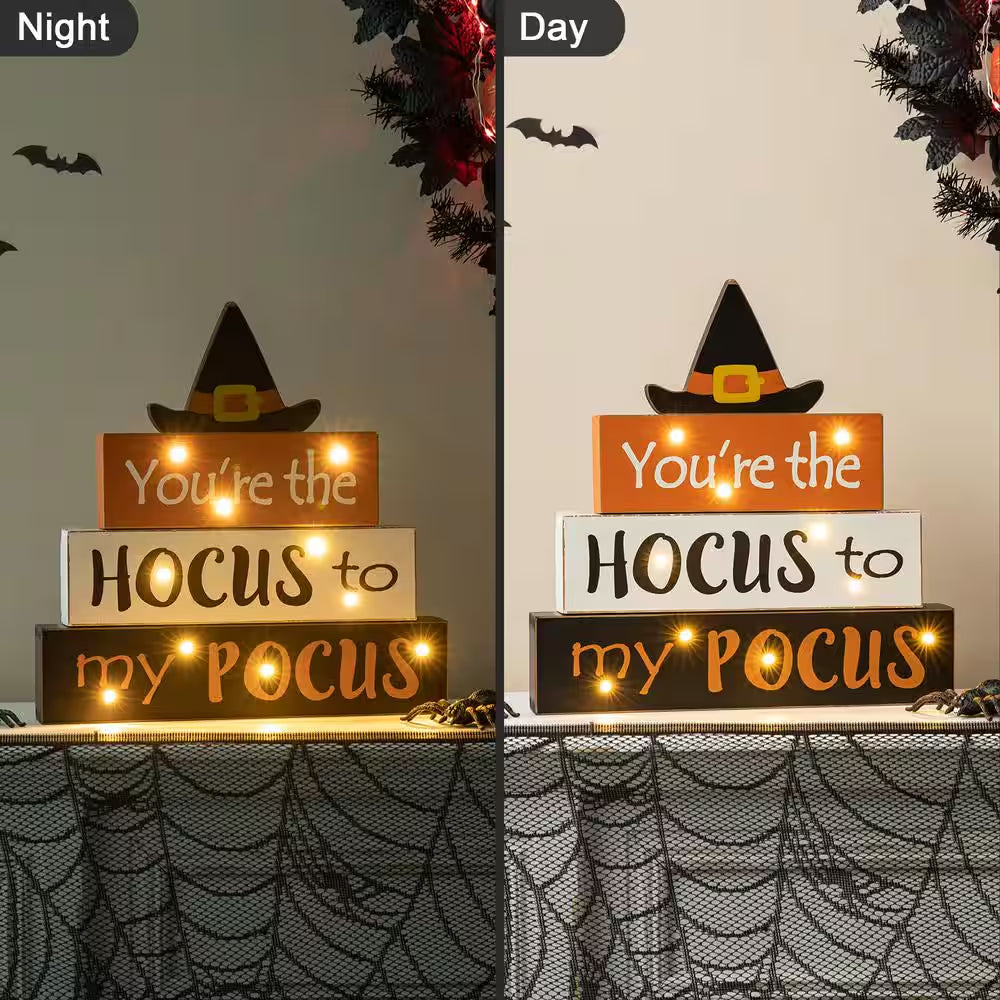 11.54 In. H Halloween Wooden Lighted Witch/Word Block Table Decor