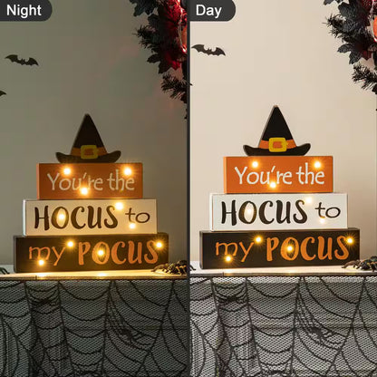 11.54 In. H Halloween Wooden Lighted Witch/Word Block Table Decor