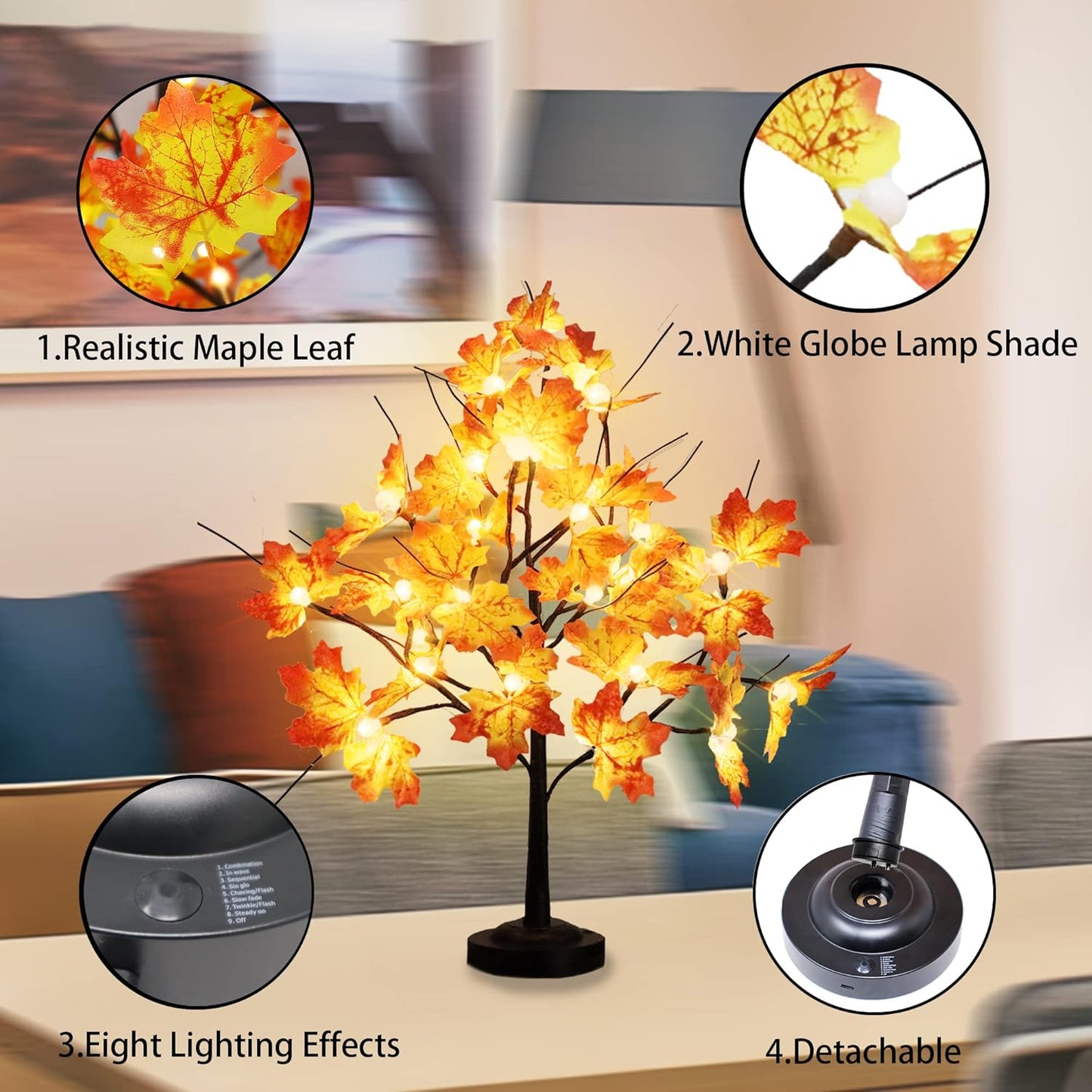 Lighted Maple Tree 24 LED Tabletop Maple Tree Light 8 Modes USB & Battery Operated Artificial Tree Lamp with Maple Leaves for Thanksgiving Fall Home Decoration (Warm White)