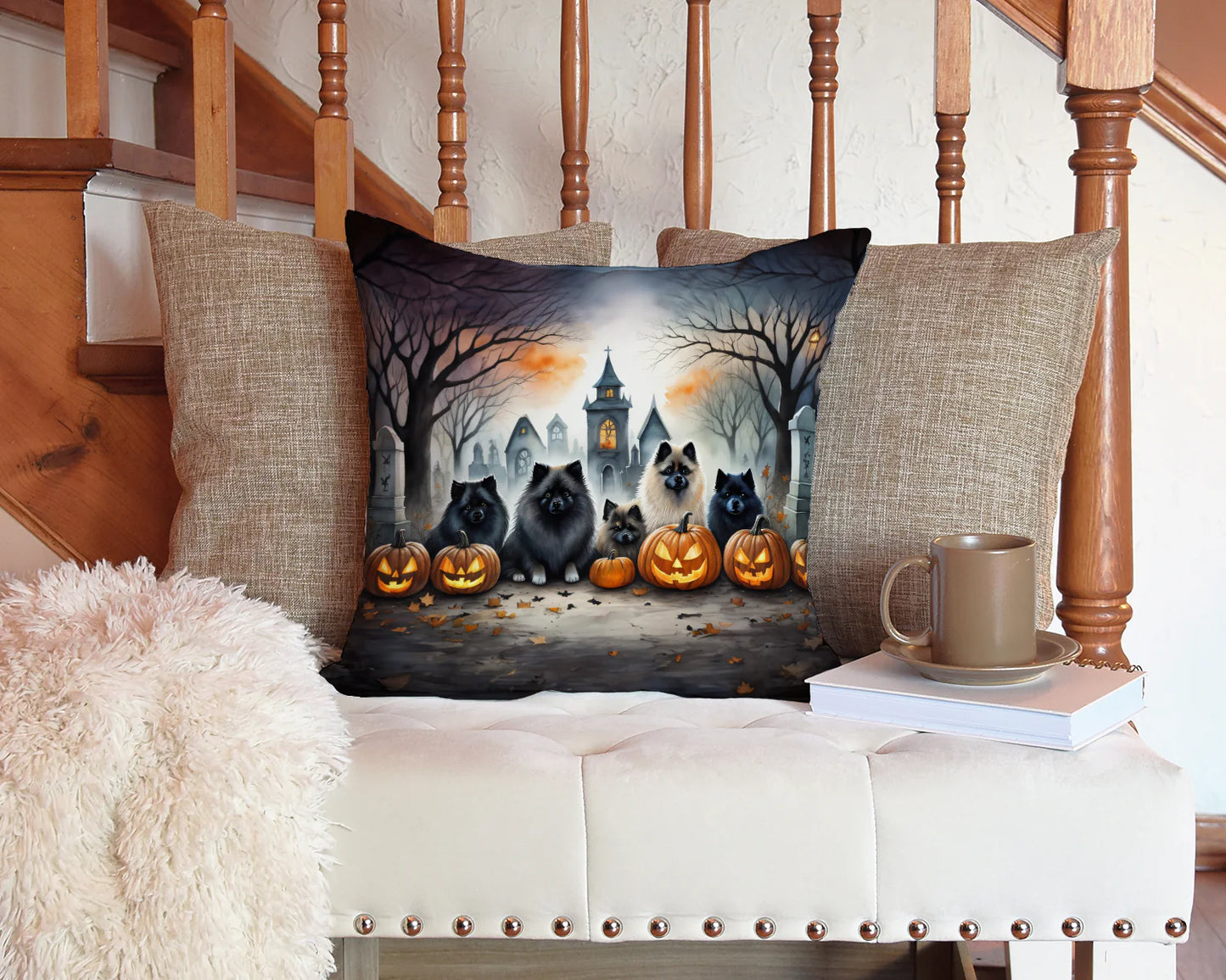 Keeshond Spooky Halloween Throw Pillow