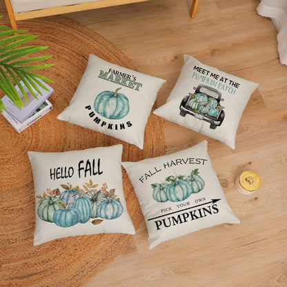 Set of 4 Fall Pillow Covers 18X18 Inch Thanksgiving Throw Pillows Covers Autumn Blue Pumpkins Decorative Cushion Covers 