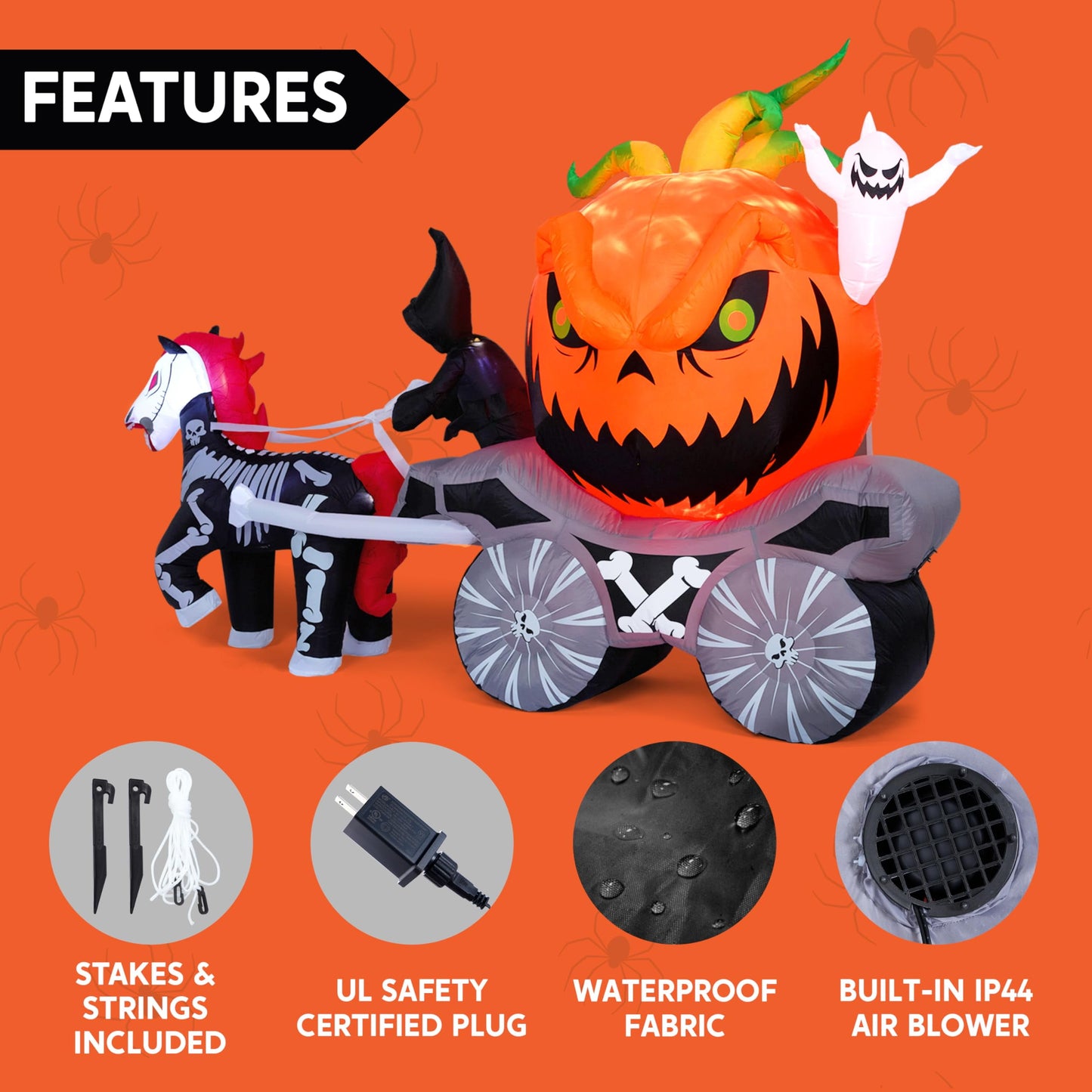 Inflatable Grim Reaper Driving Pumpkin Carriage with LED Flames