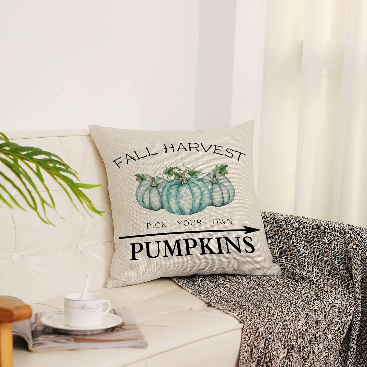 Set of 4 Fall Pillow Covers 18X18 Inch Thanksgiving Throw Pillows Covers Autumn Blue Pumpkins Decorative Cushion Covers 