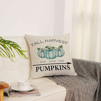 Set of 4 Fall Pillow Covers 18X18 Inch Thanksgiving Throw Pillows Covers Autumn Blue Pumpkins Decorative Cushion Covers 