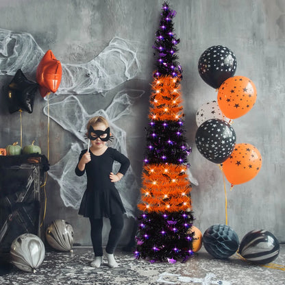 Black & Orange Halloween Christmas Tree with 50 LED Purple Lights 